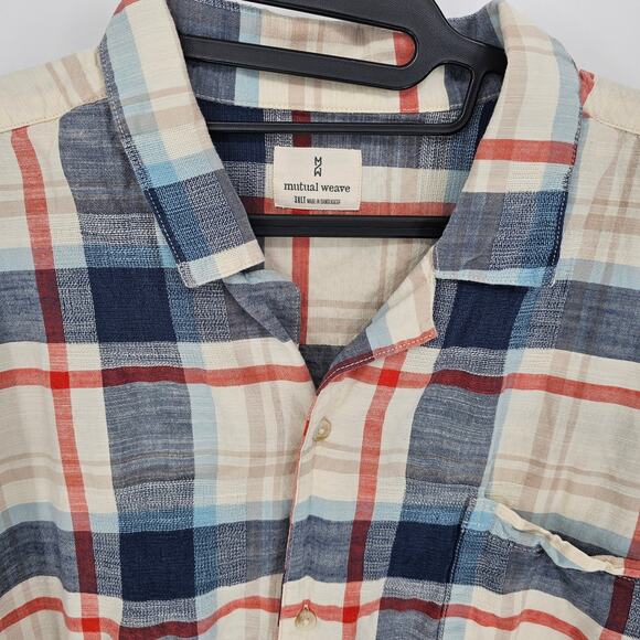 Mutual Weave Cream Navy Plaid Short Sleeve Casual Cotton Button Up Shirt 3XLT - Picture 3 of 6